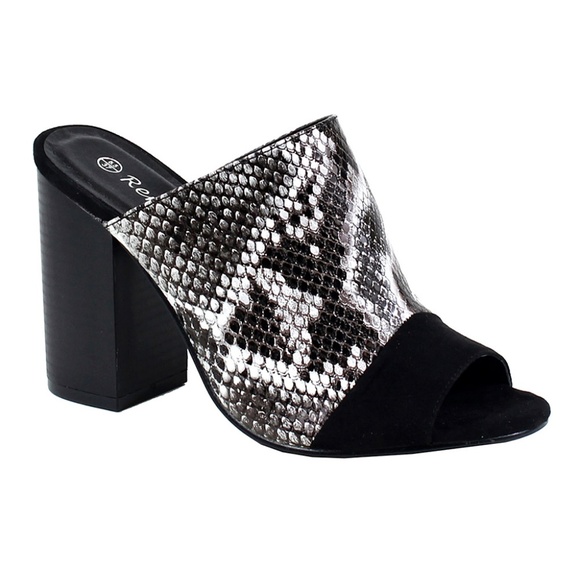 Shoes - Python Snake Print Open Slip on Chunky High Heel